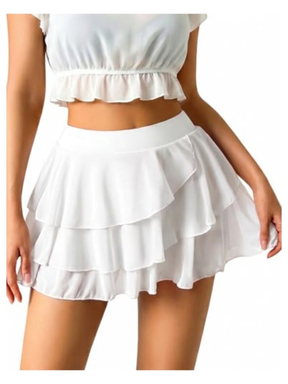 Layered Mesh Mini Skort Skirt High Rise A-Line Ruffle Hem